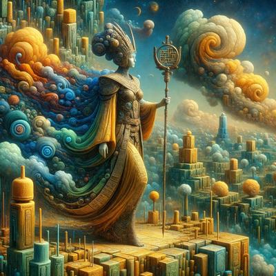 The primary subject of the image is a woman dressed in a long, flowing gown, standing on a platform. She is holding a staff and appears to be a goddess or a mythical figure. The setting is a futuristic city with a backdrop of a sky filled with clouds. The visual style is a combination of digital art and illustration, creating a vibrant and imaginative scene. The colors and mood of the image are predominantly blue and purple, giving it a serene and otherworld